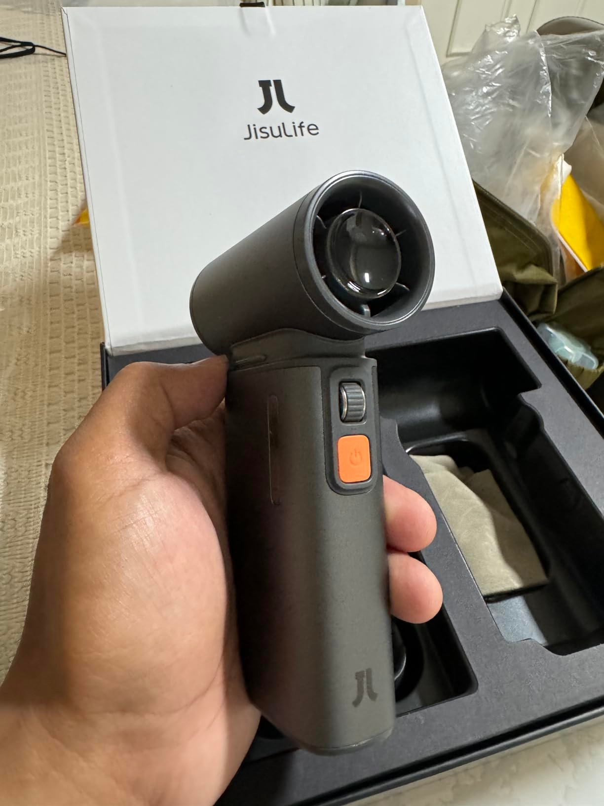 JISULIFE Portable Handheld Turbo Fan. 100 Speeds Adjustable Mini Personal Fan. 9000mAh USB Rechargeable Battery Operated. LED Display. Metal Shell with Accessories Gifts for Men Women Travel- Grey photo review
