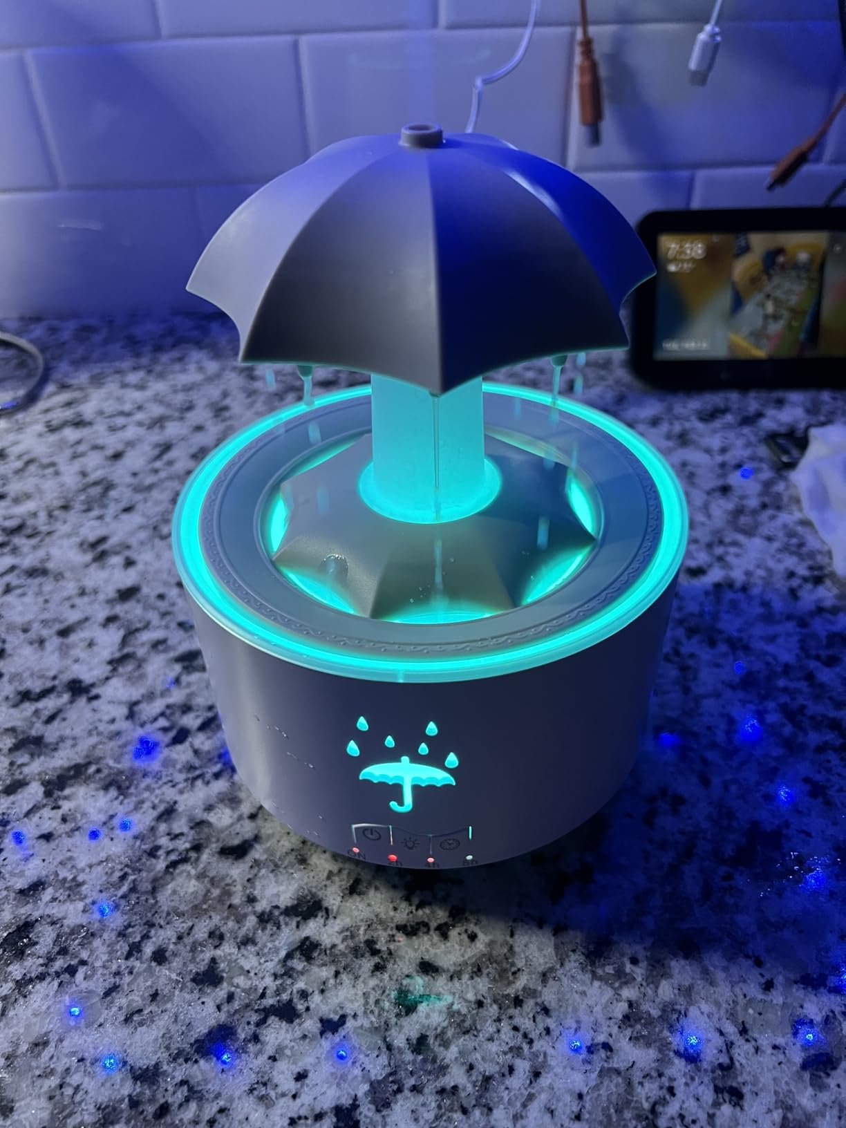Rain Umbrella Humidifier & Aroma Diffuser with Soothing Rain Sounds. Water Drip Effect. 7 Colors Mood Light. Timer and Auto-Off. Ideal for Relaxation. Sleep. Home. Bedroom. Desk(white) photo review