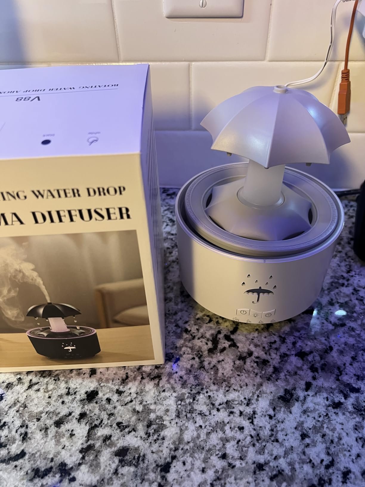 Rain Umbrella Humidifier & Aroma Diffuser with Soothing Rain Sounds. Water Drip Effect. 7 Colors Mood Light. Timer and Auto-Off. Ideal for Relaxation. Sleep. Home. Bedroom. Desk(white) photo review