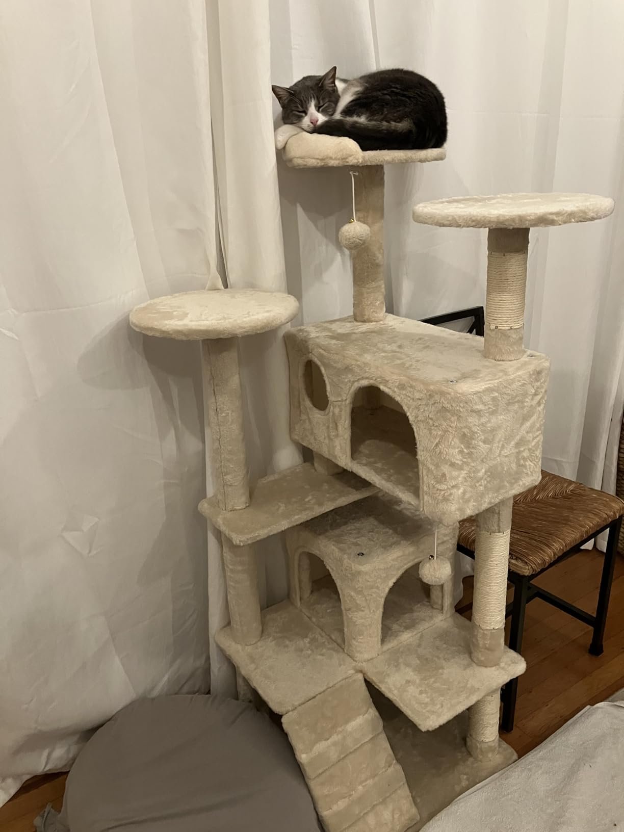 Yaheetech 54in Cat Tree. Multi-Level Cat Tower with Spacious Kitten-ear Perch. 2 Cozy Caves. Scratching Posts. Climbing Ladder. 2 Plush Balls. Durable Pet House Furniture for Indoor Kittens. Dark Gray photo review