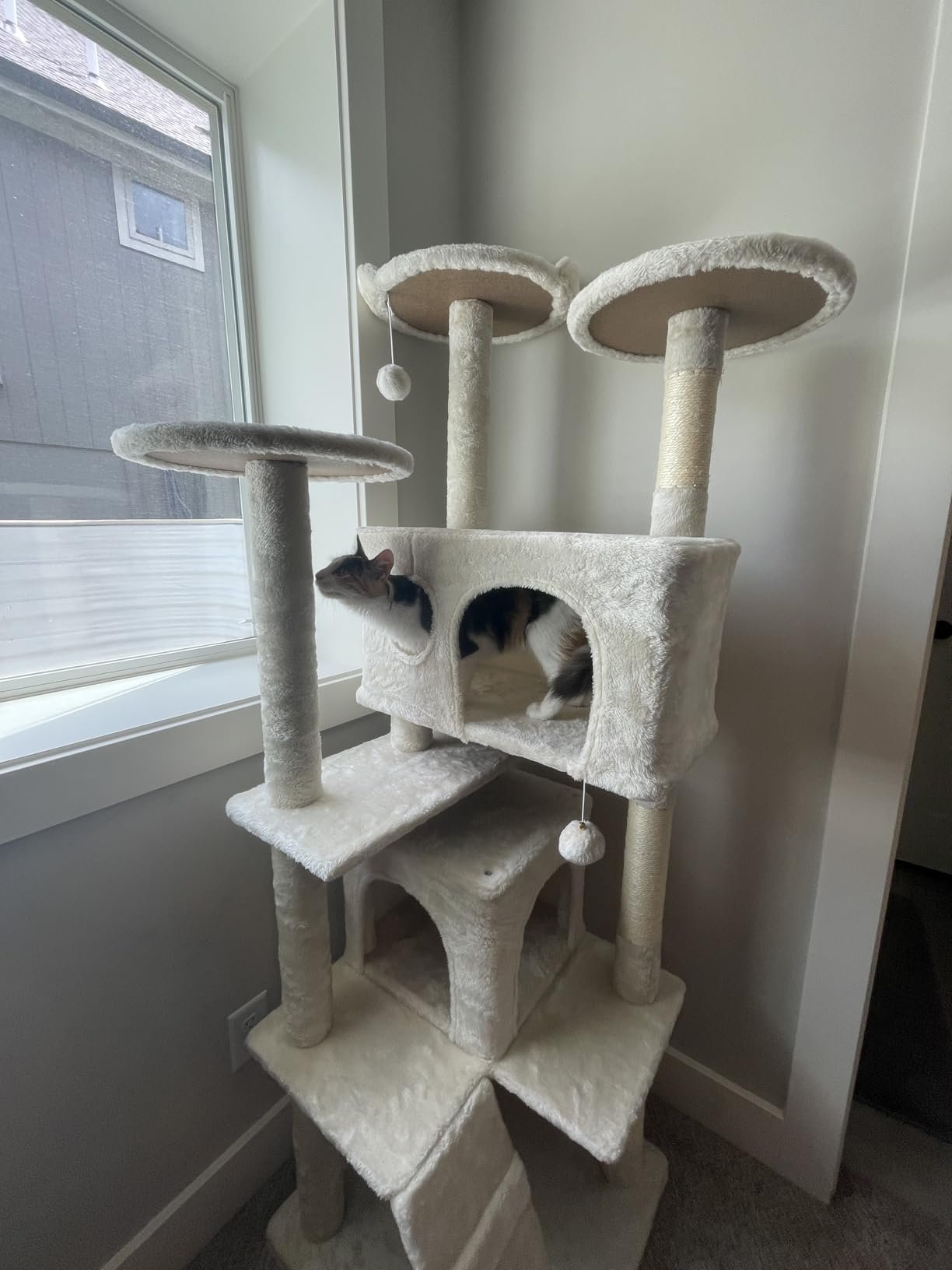 Yaheetech 54in Cat Tree. Multi-Level Cat Tower with Spacious Kitten-ear Perch. 2 Cozy Caves. Scratching Posts. Climbing Ladder. 2 Plush Balls. Durable Pet House Furniture for Indoor Kittens. Dark Gray photo review