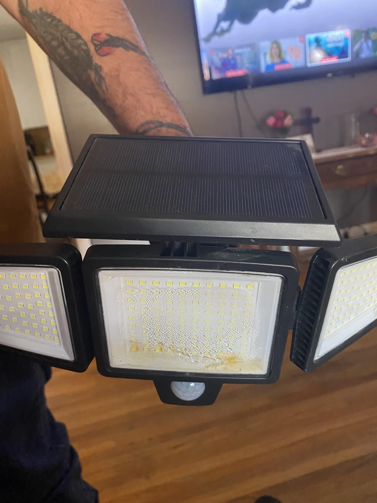 Tuffenough Solar Outdoor Lights 2500LM 210 LED Security Lights with Remote Control.3 Heads Motion Sensor Lights. IP65 Waterproof.270° Wide Angle Flood Wall Lights with 3 Modes(2 Packs) photo review