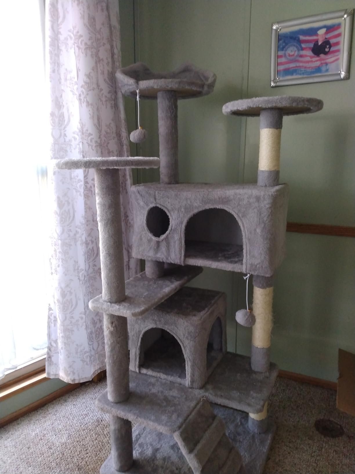 Yaheetech 54in Cat Tree. Multi-Level Cat Tower with Spacious Kitten-ear Perch. 2 Cozy Caves. Scratching Posts. Climbing Ladder. 2 Plush Balls. Durable Pet House Furniture for Indoor Kittens. Dark Gray photo review