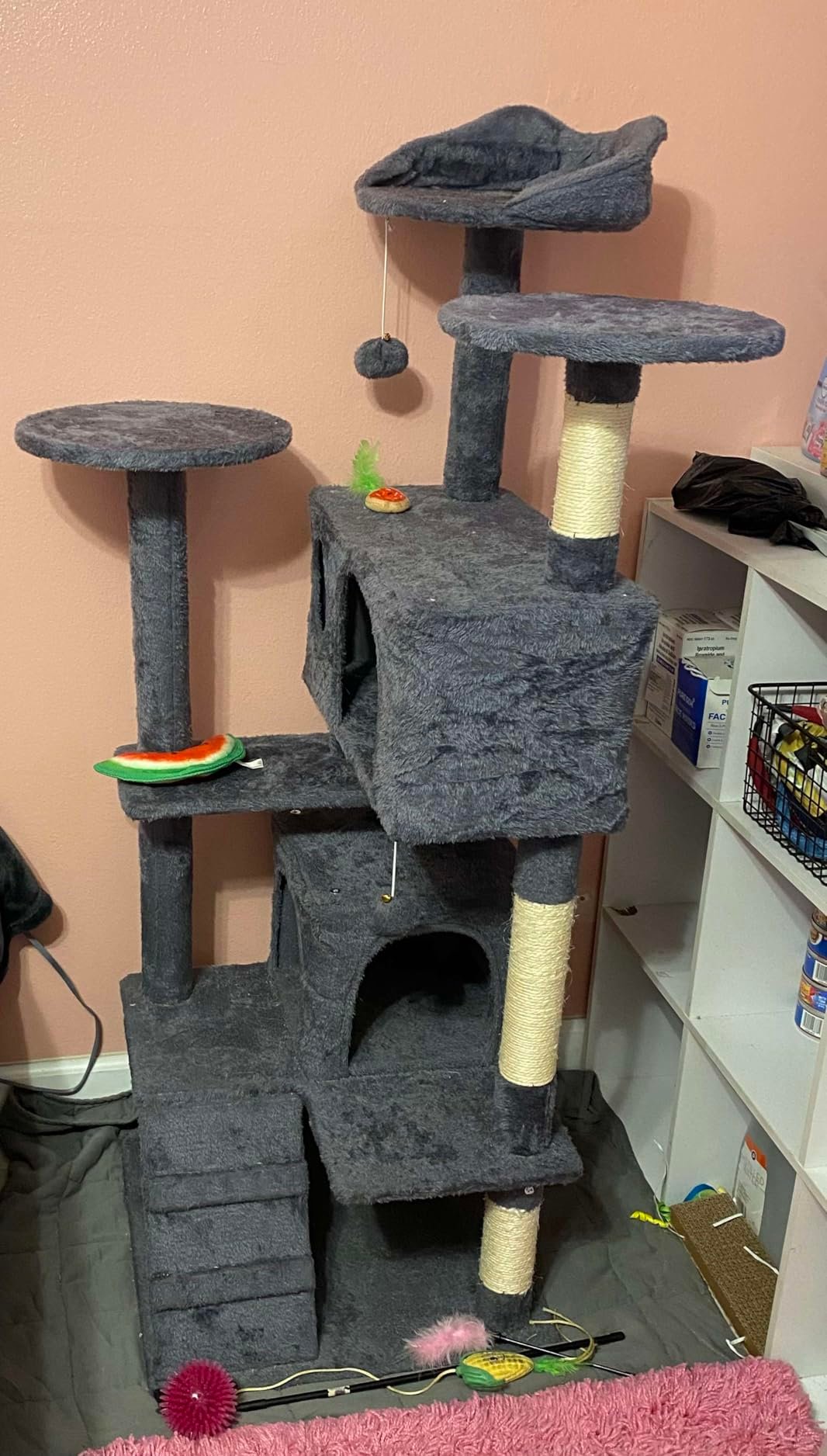 Yaheetech 54in Cat Tree. Multi-Level Cat Tower with Spacious Kitten-ear Perch. 2 Cozy Caves. Scratching Posts. Climbing Ladder. 2 Plush Balls. Durable Pet House Furniture for Indoor Kittens. Dark Gray photo review