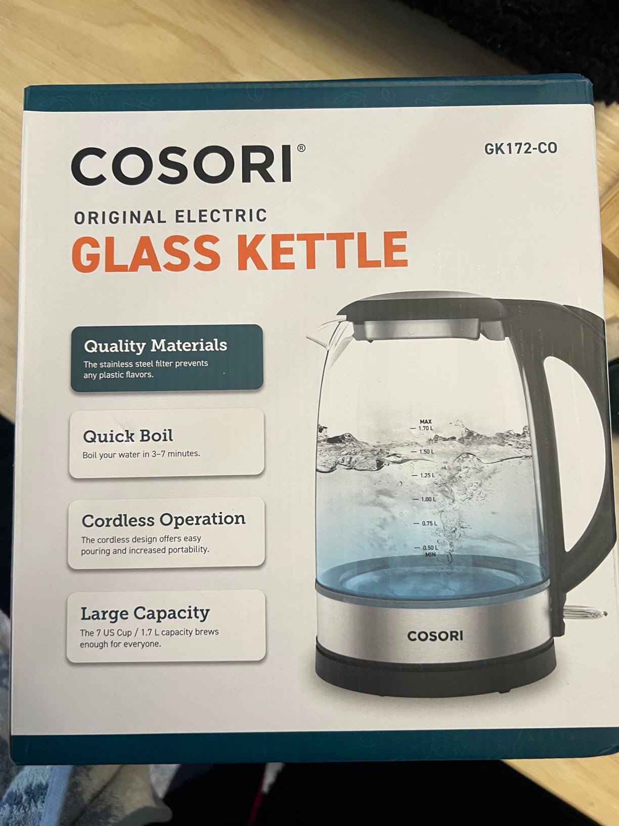 Cosori Electric Kettle. No Plastic Contact With Water. Wide Mouth For Easy Cleaning. Auto Shut Off. 1.7L Tea Kettle & Hot Water Boiler. Water Heater & Teapot. Borosilicate Glass. Black. 1500W photo review
