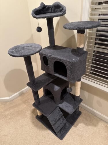 Yaheetech 54in Cat Tree. Multi-Level Cat Tower with Spacious Kitten-ear Perch. 2 Cozy Caves. Scratching Posts. Climbing Ladder. 2 Plush Balls. Durable Pet House Furniture for Indoor Kittens. Dark Gray photo review