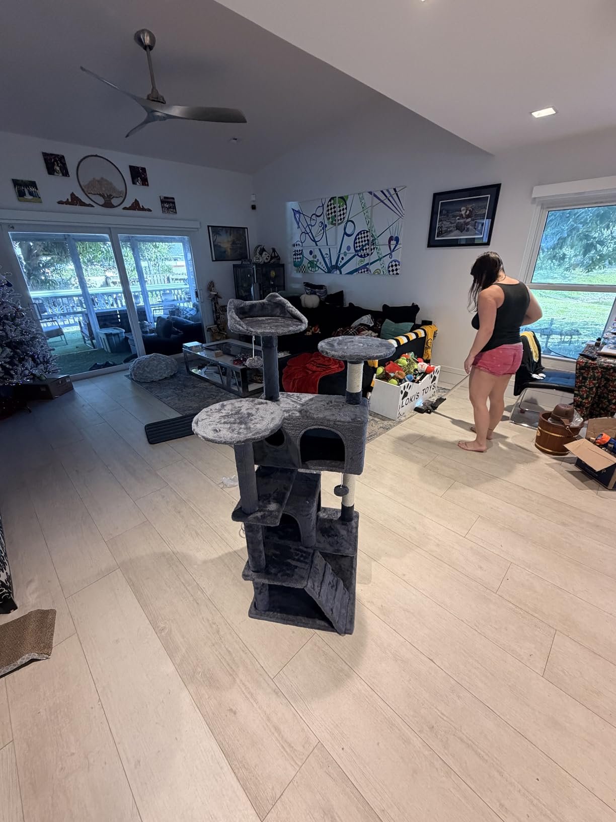 Yaheetech 54in Cat Tree. Multi-Level Cat Tower with Spacious Kitten-ear Perch. 2 Cozy Caves. Scratching Posts. Climbing Ladder. 2 Plush Balls. Durable Pet House Furniture for Indoor Kittens. Dark Gray photo review