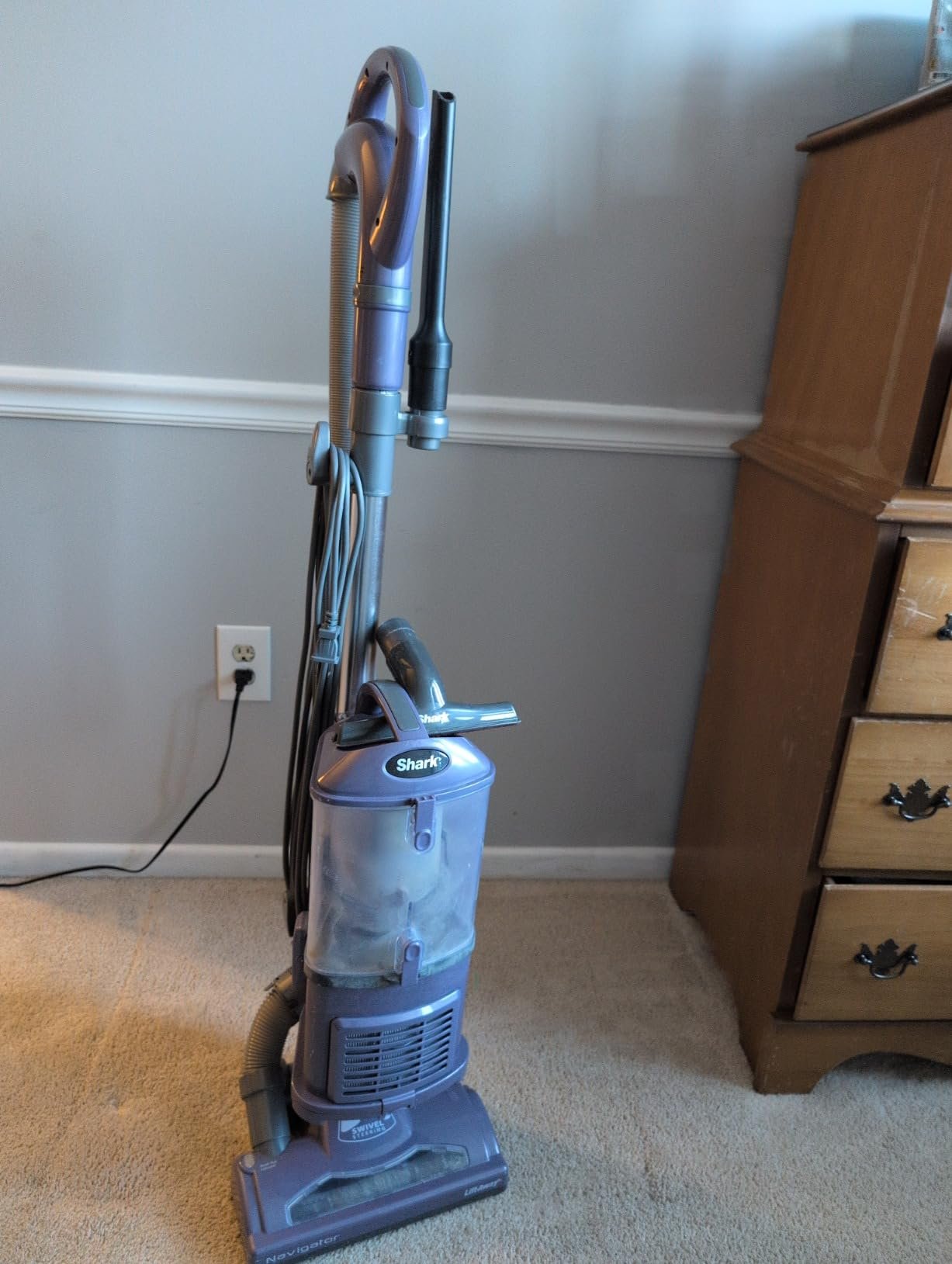 Shark Upright Vacuum. Navigator Lift-Away Deluxe with Large Dust Cup Capacity. HEPA Filter. Swivel Steering. Upholstery Tool & Crevice Tool. Blue. NV360 photo review