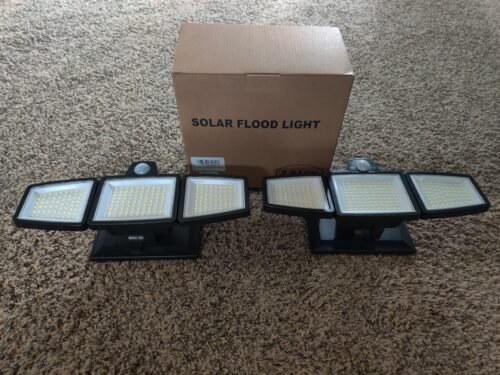 Tuffenough Solar Outdoor Lights 2500LM 210 LED Security Lights with Remote Control.3 Heads Motion Sensor Lights. IP65 Waterproof.270° Wide Angle Flood Wall Lights with 3 Modes(2 Packs) photo review
